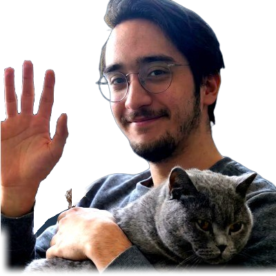Dominic Hückmann winkt und hält eine graue Katze